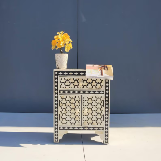 Handmade Bone Inlay Nightstand: Hexagon Geometric, Boho Side Table