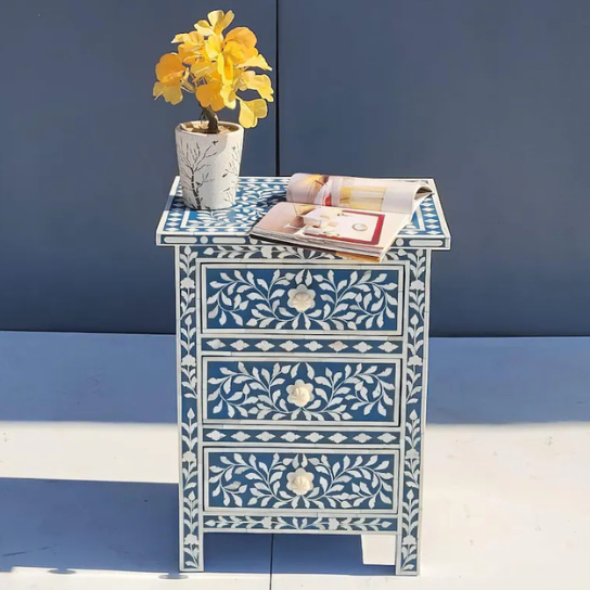 Navy Blue Bone Inlay Nightstand | Coastal Accent Chest | 3-Drawer Bedside Table | Bohemian Storage Cabinet