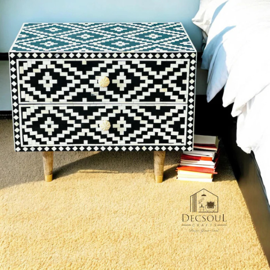 Handmade Bone Inlay Nightstand: Geometric Boho Bedside Table