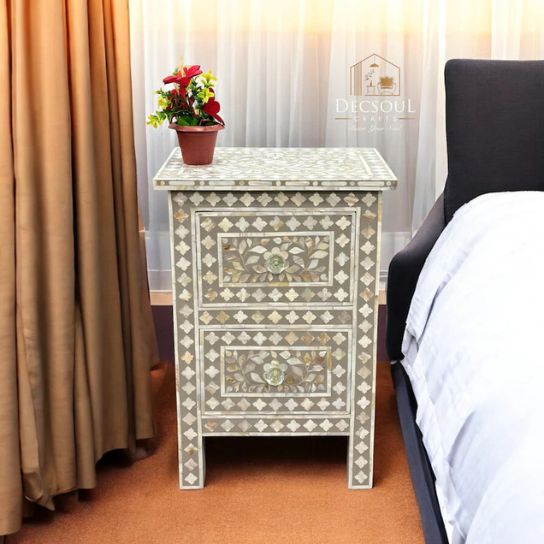 Handmade Mother of Pearl Inlay Nightstand: Grey Floral Bedside Table