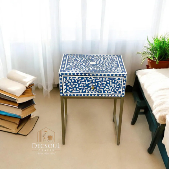 Handmade Bone Inlay Nightstand: Brass Leg Bedside Table