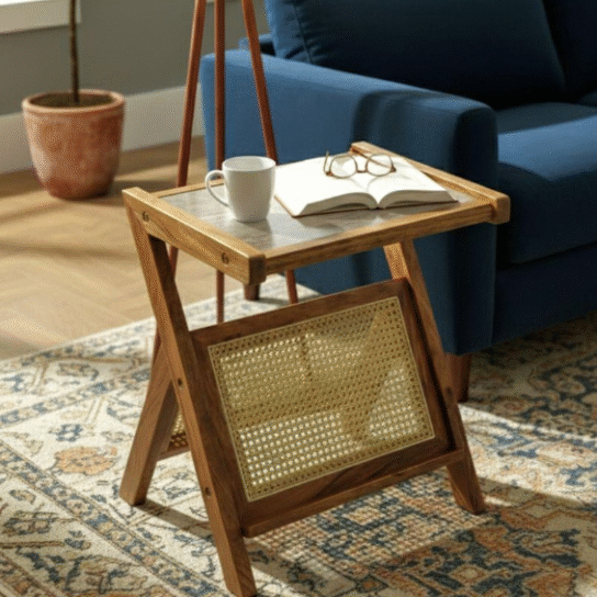 1 Handmade Cane Side Table with Glass Top | Boho Accent Table.