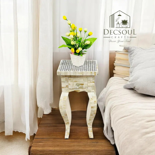 Bone Inlay Bedside Table: Handmade Nightstand with Mother of Pearl