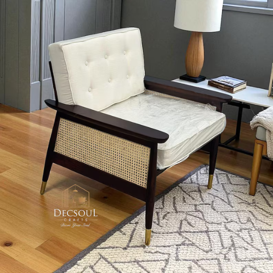Handmade Mid-Century Cane Lounge Chair: Solid Wood Armchairs