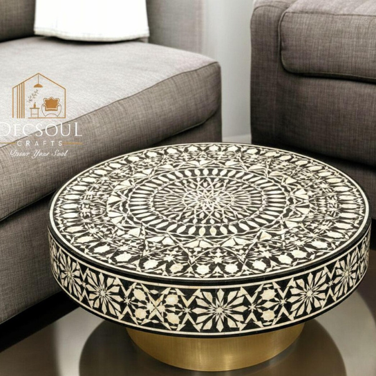 Bone Inlay Round Coffee Table Floral & Geometric Medallion Bone Inlay-Hand Made Home Decor