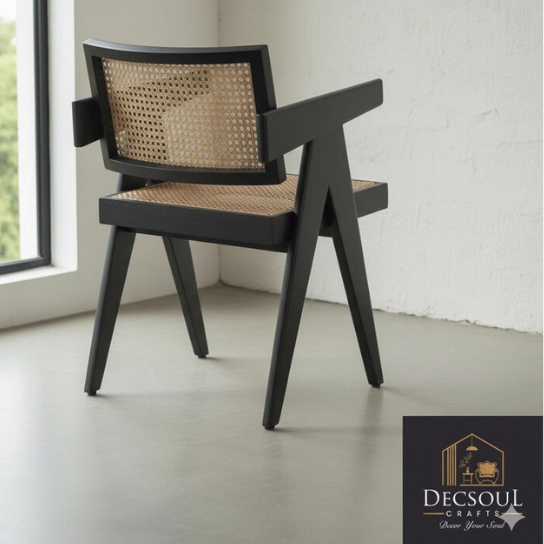 Handmade Pierre Jeanneret Style Back Accent Wooden Chair: Mid-Century Modern Style Rattan Cane