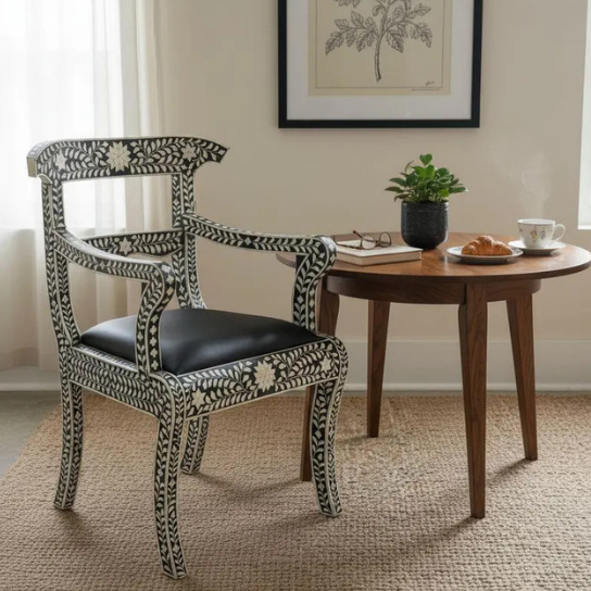 1 Handmade Bone Inlay Armchair: Black & White Floral Carved Accent Chair