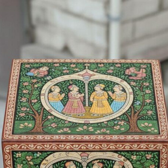 Hand Painted Wooden Chest | Indian Miniature Art, 4-Drawer Storage,Decorative Storage
