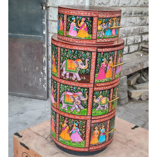 Hand-Painted Rajasthani Round Wooden Chest | Indian Art Furniture | Ethnic Storage Cabinet | Traditional Beside