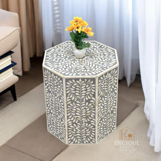 Hexagonal Bone Inlay Side Table: Handcrafted Leaf Pattern, Gray Accent