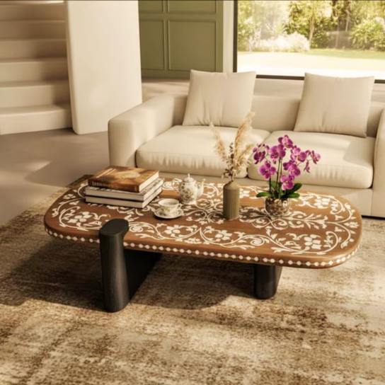 Handmade Bone Inlay Coffee Table | Unique Design Floral Brown Boho Decor