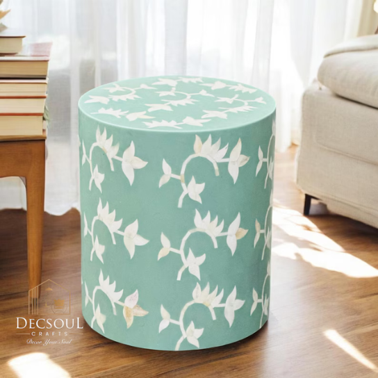 Turquoise Bone Inlay Side Table: Handmade Floral Accent, Boho Decor