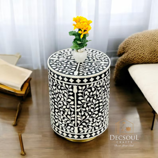 Bone Inlay Drum Side Table: Handmade Geometric Accent Table