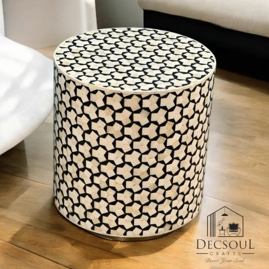 Bone Inlay Drum Side Table: Handmade Black & White Geometric Accent Table