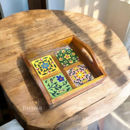 Handcrafted Mango Wood Serving Tray: Floral Ceramic Tiles, Indian Art