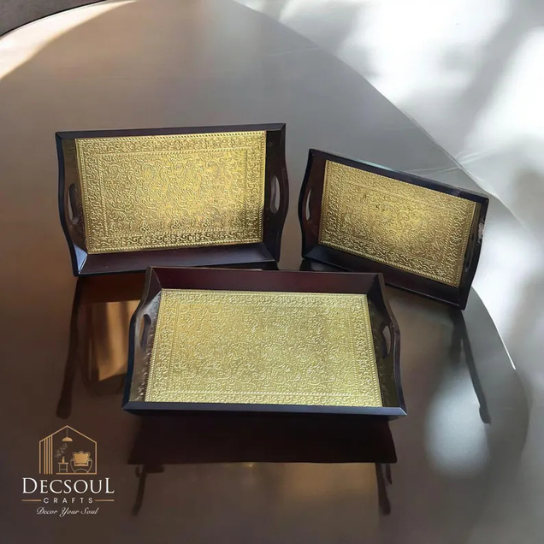Handcrafted Wooden Tray Set with Engraved Brass Inlay: Royal Antique Decor