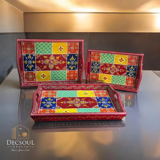 Hand-Painted Wooden Tray Set: Rajasthani Folk Art, Set of 3