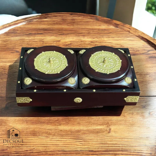 Brass Inlay Wooden Tray with Dual Serving Bowls – Antique Finish-Revolving-Dry Fruit-Handmade-Royal-Rajwada-Gift-Interior Decor