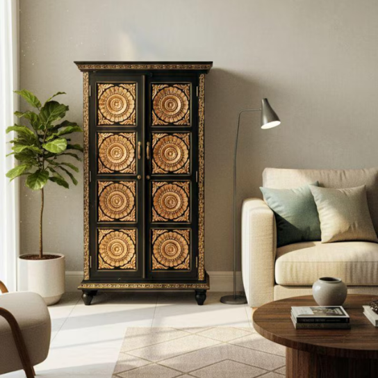Hand Carved Wooden Cabinet – Black & Gold Armoire with Floral Design