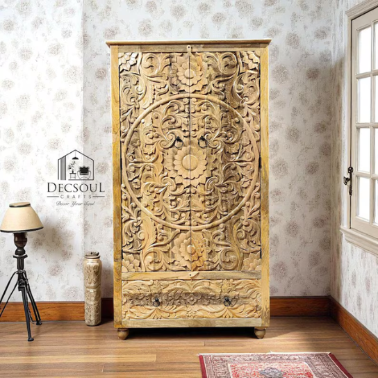 Hand Carved Mango Wood Armoire: Bohemian Mandala Floral Wardrobe