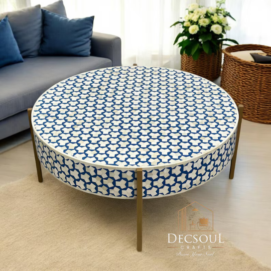 Blue Bone Inlay Coffee Table: Handmade Brass Accent Table-Home Decor