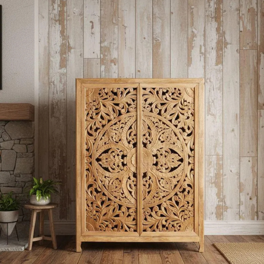 Hand-Carved Mango Wood Almirah: Floral Mandala Bohemian Cupboard