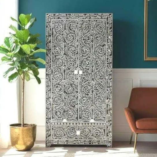 Bone Inlay Armoire – Handmade Indian Storage Cabinet, Luxury Bedroom Wardrobe, Intricate Floral Inlay Furniture