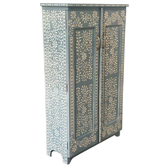Handmade Bone Inlay Armoire: Boho Floral Accent Cabinet