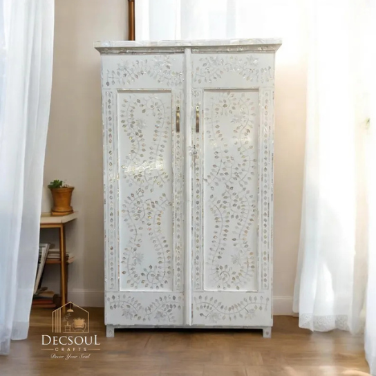 Mother of Pearl Inlay Wardrobe | White MOP Armoire | Floral Storage Cabinet | Luxury Bedroom Furniture