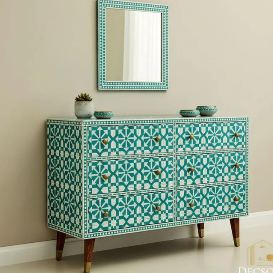 Green Geometric Bone Inlay Cabinet | Handmade Modern Sideboard | Luxury Accent Storage Furniture.