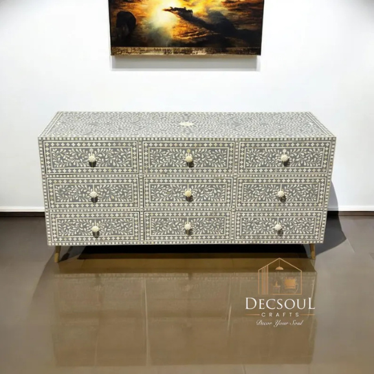 Handmade Gray Bone Inlay Dresser: Boho 9-Drawer Storage Cabinet