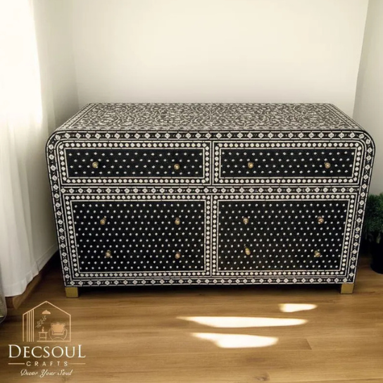 Handmade Bone Inlay Chest of Drawers: Black Floral 4 Drawer Dresser