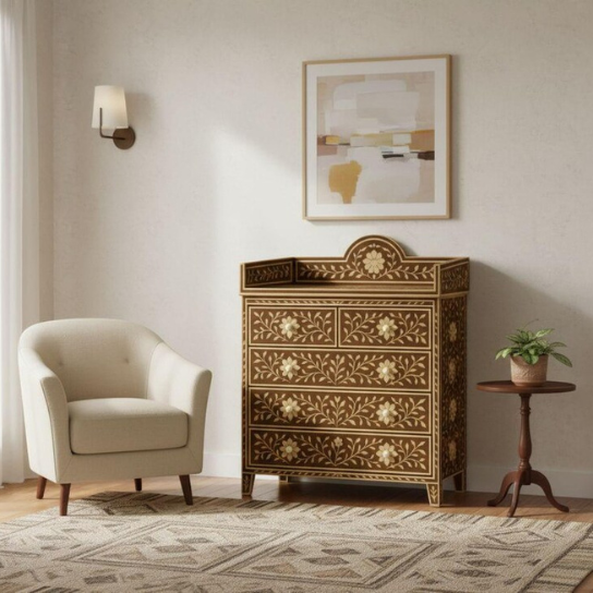 Floral Bone Inlay Dresser – Handmade Indian Boho 5-Drawer Chest