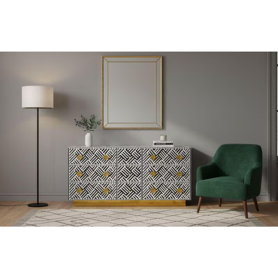 Handmade Bone Inlay Dresser Black & White Geometric Console, Art Deco Glam
