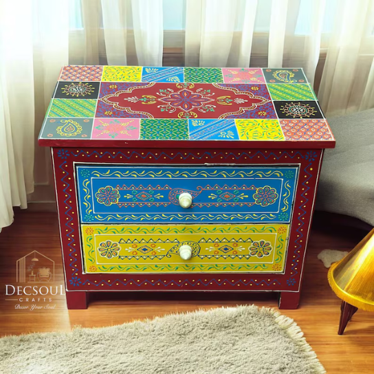 Hand-Painted Mango Wood Chest: Colorful Indian Nightstand
