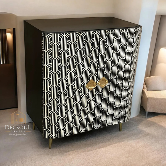 Handmade Bone Inlay Cabinet: Geometric Black and White Sideboard with Brass Handles