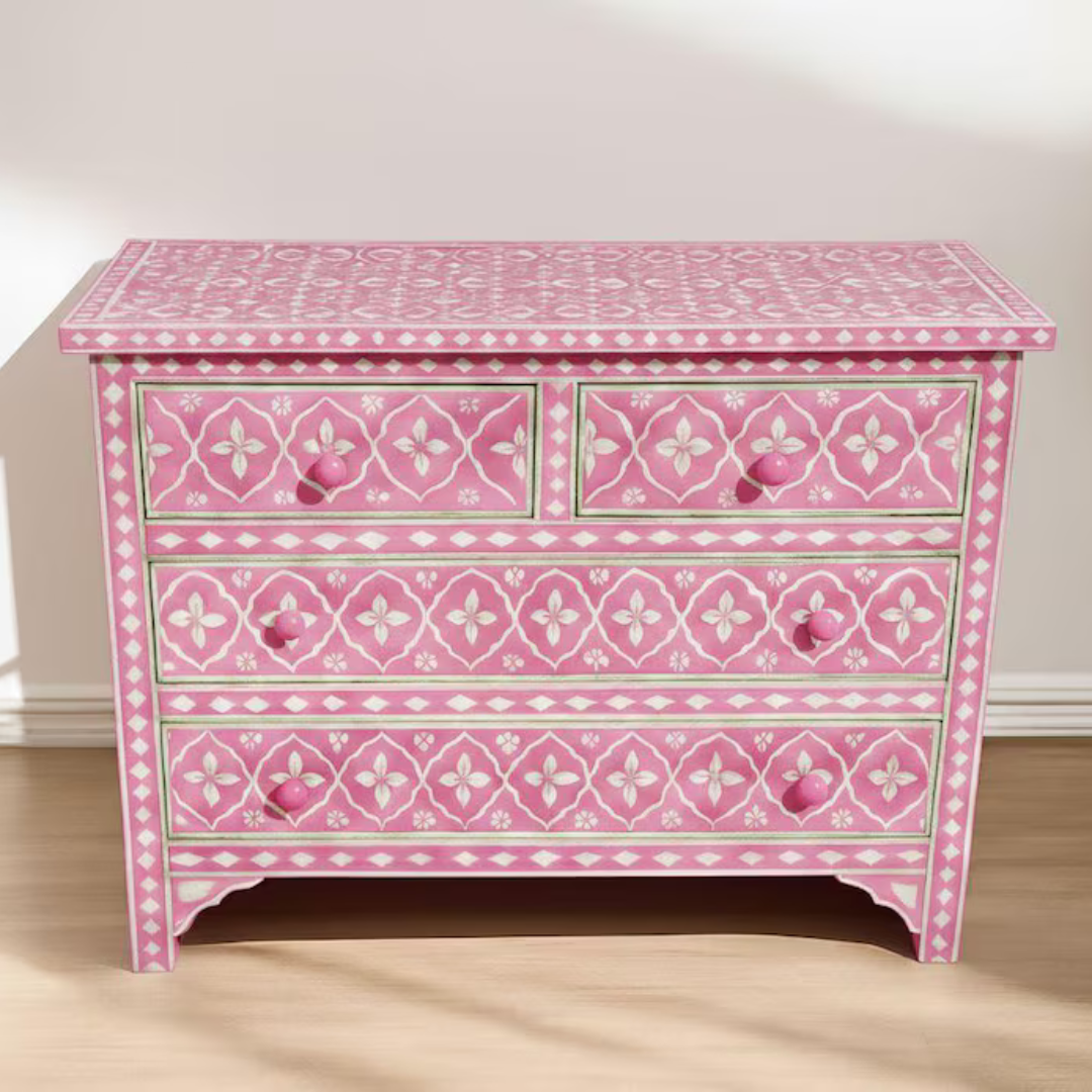 Pink Bone Inlay Dresser: Handmade Boho Chic 4-Drawer Cabinet