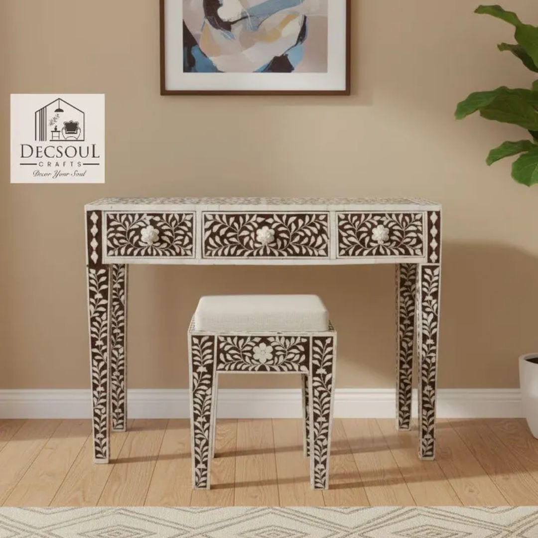 Handmade Bone Inlay Console Table: Geometric Boho Desk