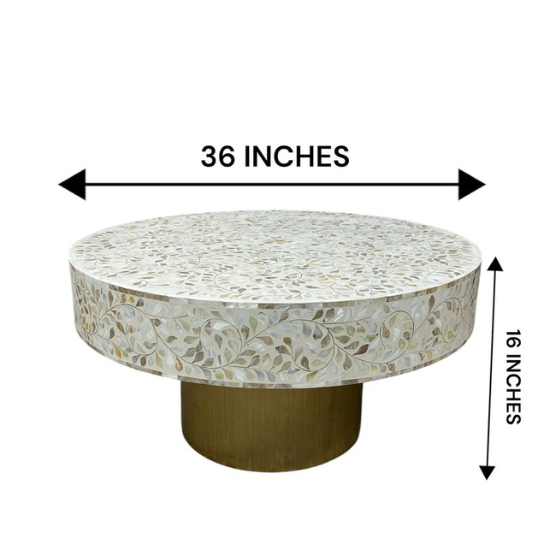 Mother of Pearl Inlay Coffee Table: Handmade Floral Center Table with Gold Base