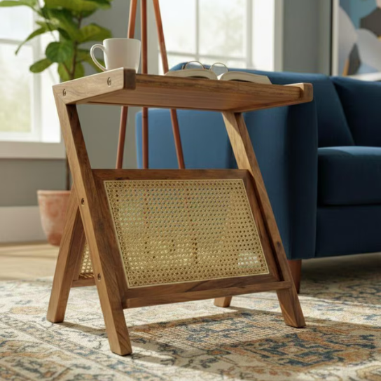 Handmade Cane Side Table with Glass Top | Boho Accent Table