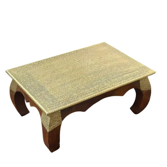 Handcrafted Brass Embossed Wooden Chowki – Traditional Decorative Platform-Bajot-Pooja-home decor-gift-spritual-