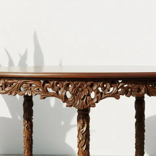 Handcrafted Round Shape Solid Wood Carved Dining Table — Floral Engraved Entryway Table