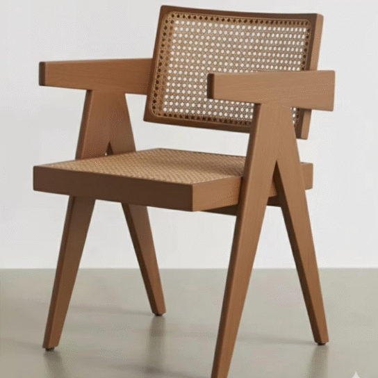 Handmade Pierre Jeanneret Style Back Accent Wooden Chair: Mid-Century Modern Style Rattan Cane.