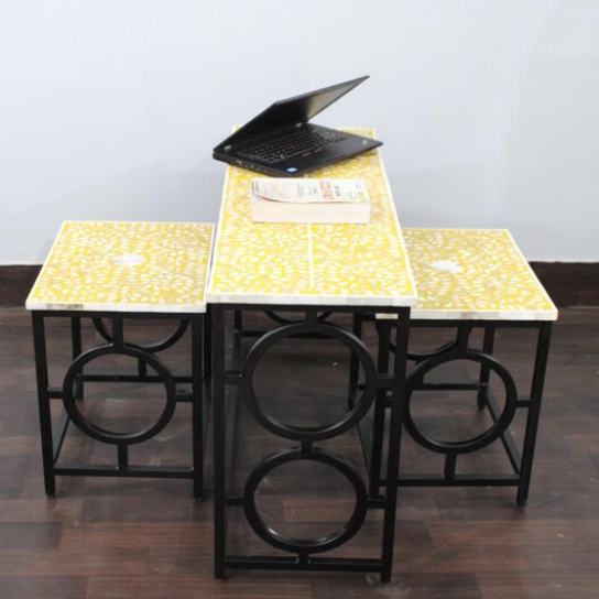 Handmade Bone Inlay Study Table with Stools: Yellow Floral Design