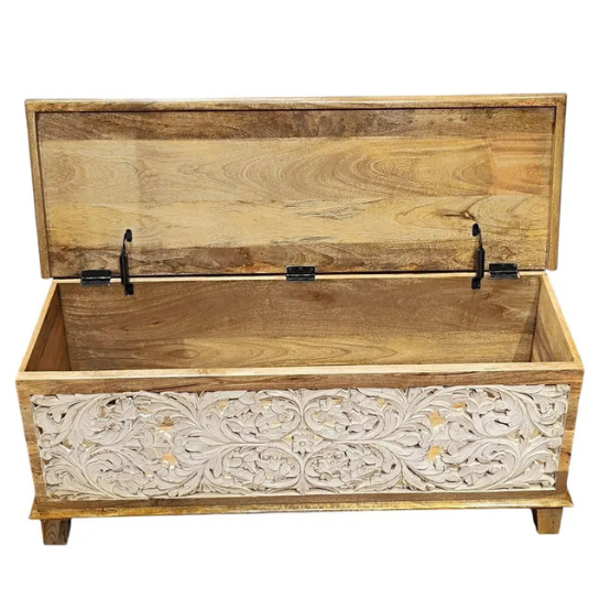 Hand-Carved Mango Wood Chest – Floral Indian Blanket Box | Boho Storage Trunk