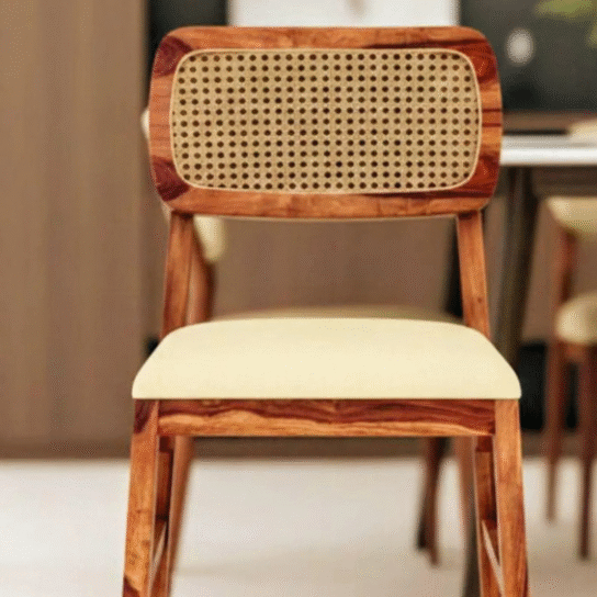 Mid-Century Modern Dining Chair | Cane Backrest, Upholstered Seat