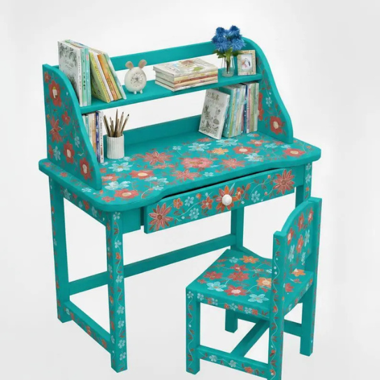 Hand-Painted Kids Desk and Chair Set: Floral Art Furniture-Kids Gift