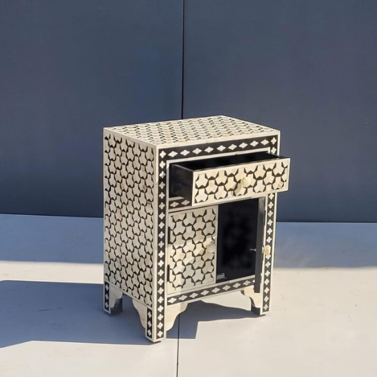 Handmade Bone Inlay Nightstand: Hexagon Geometric, Boho Side Table