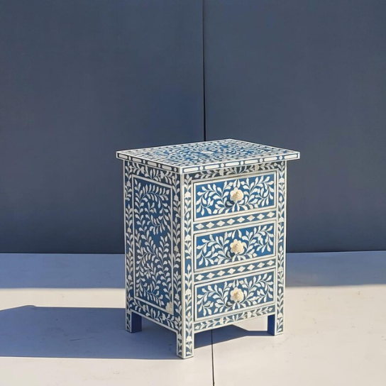 Navy Blue Bone Inlay Nightstand | Coastal Accent Chest | 3-Drawer Bedside Table | Bohemian Storage Cabinet