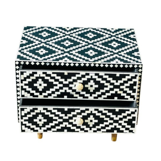 Handmade Bone Inlay Nightstand: Geometric Boho Bedside Table